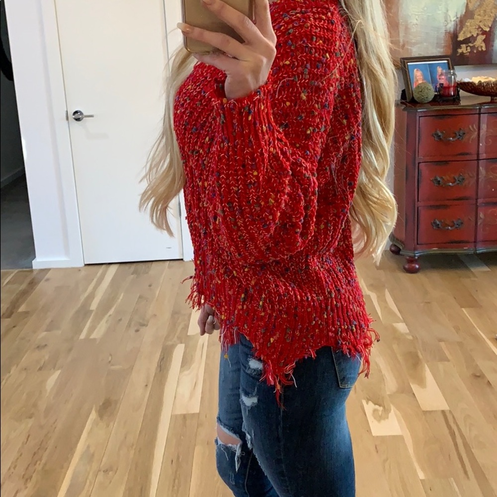 Red V-Neck Distressed Sweater - Picture 5 of 7